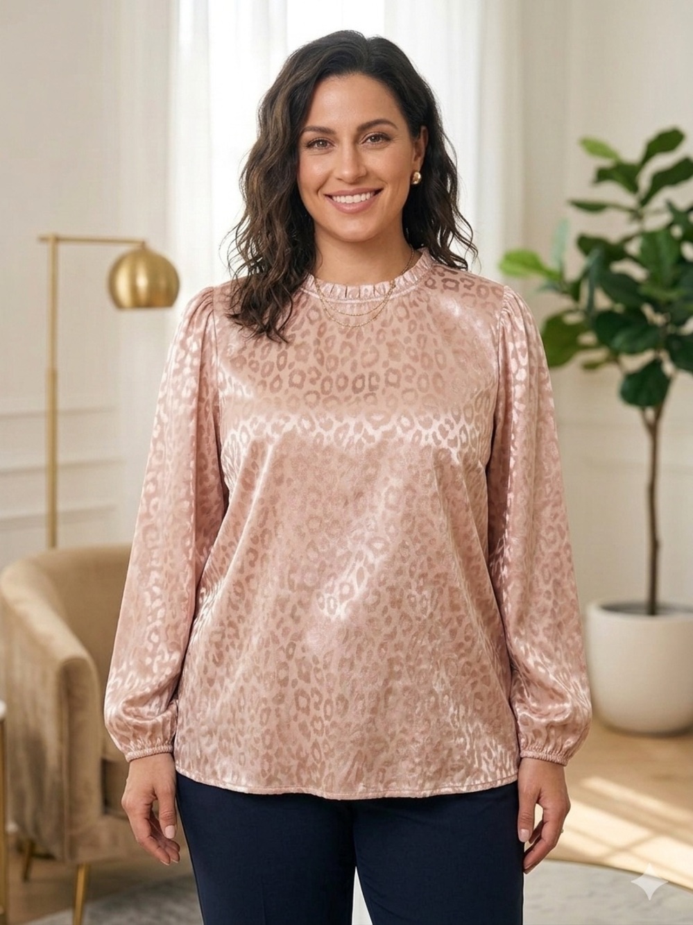 Pink Lily Blush Pink Satin Leopard-Print Long-Sleeve Women's Top size 2XL